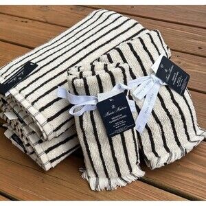 6PC Brooks Brothers Bath Hand Tip Towels Set Espresso Brown Cream Striped New